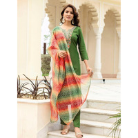 Navlik Women's Rayon Embroidered Straight Kurta with Pant and Dupatta Sets (NK-705) (Size: X-Large, Color: Mahendi)