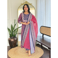 Navlik Women's Rayon Printed Flared Kurta with Pant and Dupatta Sets (NK-735) (Size: X-Large, Color: Navy Blue)