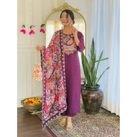 Navlik Women's Chanderi Viscose Embroidered Straight Kurta with Pant and Dupatta Sets (M-Nari) (Size: Large, Color: Wine)