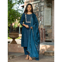 Navlik Women's Rayon Slub Embroidered Straight Kurta with Pant And Dupatta Sets (NK-Pragati) (Size: XX-Large, Color: Petrol)