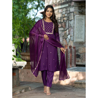Navlik Women's Rayon Slub Embroidered Straight Kurta with Pant And Dupatta Sets (NK-Pragati) (Size: Large, Color: Violate)