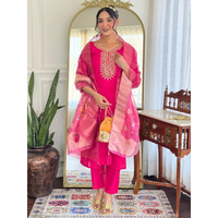 Navlik Women's Viscose Embroidered Straight Kurta with Pant and Dupatta Sets (NK-MV-23) (Size: Small, Color: Red)