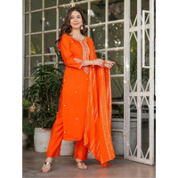 Navlik Women's Off White Chanderi Viscose Embroidered Straight Kurta with Chanderi Viscose Pant and Viscose Jacquard Dyed Dupatta Sets (NK-MV-610) (Size: Medium, Color: Orange)