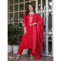Navlik Women's Off White Chanderi Viscose Embroidered Straight Kurta with Chanderi Viscose Pant and Viscose Jacquard Dyed Dupatta Sets (NK-MV-610) (Size: Large, Color: Red)