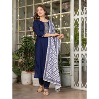 Navlik Women's Rayon Embroidered Straight Kurta with Pant And Dupatta Sets (MV-612) (Size: XX-Large, Color: Navy)