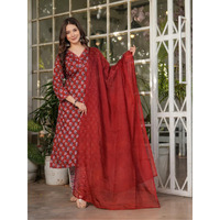Navlik Women's Black Pure Cotton Printed Straight Kurta with Pure Organza Pant and Silk Kota Chex Dyed Dupatta Sets (NK-MV-615) (Size: Large, Color: Rust)
