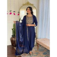 Navlik Women's Rayon Embroidered Straight Kurta with Rayon Pant And Chinon Dyed Dupatta Sets (MV-629) (Size: Large, Color: Navy)