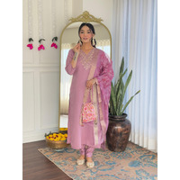 Navlik Women's Chanderi Embroidered Straight Kurta with Pant and Dupatta Sets (OR-K96) (Size: Medium, Color: Onoin)