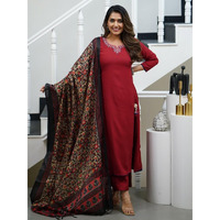 Navlik Women's Viscose Rayon Embroidered A-Line Kurta with Pant and Dupatta Sets (R-Kamini) (Size: X-Large, Color: Red)