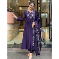 Navlik Women's Viscose Embroidered A-Line Kurta Pant and Dupatta Sets (R-Vishakha) (Size: XX-Large, Color: Purple)