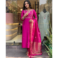 Navlik Women's Chanderi Viscose Embroidered Straight Kurta Pant and Dupatta Sets (S-Akshara) (Size: X-Large, Color: Rani)