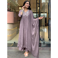 Women's Viscose Embroidered Flared Kurta with Pant And Dupatta Sets (S-Ayushi) (Size: Medium, Color: Levender)