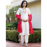 Navlik Women's Off White Rayon Slub Embroidered Straight Kurta with Rayon Slub Pant and Dupatta set (SC-Deval) (Size: XX-Large, Color: Offwhite)