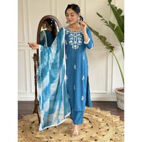 Navlik Women's Petrol Rayon Slub Embroidered Straight Kurta with Rayon Slub Pant and Nazneen Printed Dupatta Sets (NK-SC-Janvi) (Size: XX-Large, Color: Petrol)