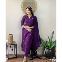 Navlik Women's Wine Rayon Slub Embroidered Straight Kurta with Rayon Slub Pant and Chinon Laced Dupatta Sets (NK-SC-Jessica) (Size: Small, Color: Wine)