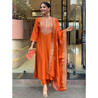Navlik Women's Orange Chanderi Silk Embroidered Straight Kurta with Chanderi Silk Pant and Chanderi Jacquard Dupatta Sets (NK-SC-Kritva-Orange) (Size: Small, Color: Orange)