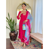 Navlik Women's Rayon Slub Embroidered Straight Kurta Pant and Dupatta Sets with 3/4 Sleeve V Neck Calf Length | Kurti Set for Woman (Size: Medium, Color: Gajri)