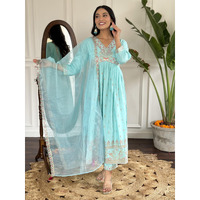 Navlik Women's Sky Rayon Slub Embroidered Flared Kurta with Rayon Slub Pant and Organza Laced Dupatta Sets (NK-SC-Manjari) (Size: Small, Color: Sky)