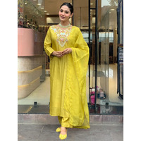 Navlik Women's Lemon Yellow Chanderi Silk Embroidered Straight Kurta with Chanderi Silk Pant and Organza Embroidered Dupatta Sets (SC-Navya) (Size: Small, Color: Lemon Yellow)