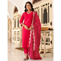 Navlik Women's Red Chanderi Embroidered Straight Kurta with Chanderi Pant and Muslin Printed Dupatta Sets (NK-SC-Parul) (Size: Large, Color: Red)