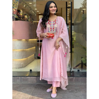 Navlik Women's Chanderi Silk Embroidered A-Line Kurta with Pant And Dupatta Sets (SC-Yamini) (Size: Small, Color: Pink)