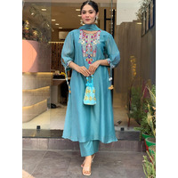 Navlik Women's Chanderi Silk Embroidered A-Line Kurta with Pant And Dupatta Sets (SC-Yamini) (Size: Medium, Color: Sky)
