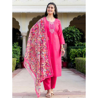 Navlik Women's Rayon Embroidered Straight Kurta with Pant and Dupatta Sets (S-Diva) (Size: Medium, Color: Rani)