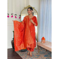 Navlik Women's Jacquard Viscose Embroidered Straight Kurta with Pant and Dupatta Sets (NK-S-Divya) (Size: Medium, Color: Rush)
