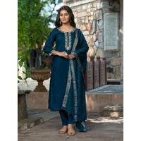 Navlik Women's Chanderi Viscose Embroidered Straight Kurta with Pant And Dupatta Sets (S-Emily) (Size: XX-Large, Color: Petrol)