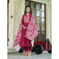 Navlik Women's Chanderi Viscose Embroidered Straight Kurta with Pant and Dupatta Sets (S-Hazel) (Size: X-Large, Color: Maroon)
