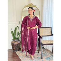 Navlik Women's Vichitra Silk Embroidered Straight Kurta with Pant and Dupatta Sets (NK-S-Jasmine) (Size: Medium, Color: Wine)