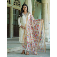 Navlik Women's Viscose Embroidered Straight Kurta with Pant and Dupatta Sets (S-Julia) (Size: Medium, Color: Offwhite)