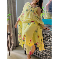 Navlik Women's French Crepe Printed Straight Kurta with Pant and Dupatta Sets (S-Kaveri) (Size: Large, Color: Yellow)