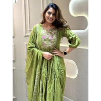 Navlik Women's Cotton Embroidered Straight Kurta with Pant and Dupatta Sets (S-Moksha) (Size: XX-Large, Color: Green)