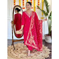 Navlik Women's Red Chanderi Viscose Embroidered Straight Kurta with Chanderi Viscose Pant and Naylon Jacquard Dupatta Sets (NK-S-Nirja) (Size: Large, Color: Red)
