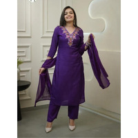 Navlik Women's Vichitra Silk Embroidered Straight Kurta with Pant and Dupatta Sets (S-Riva) (Size: XX-Large, Color: Purple)