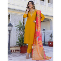 Navlik Women's Chanderi Silk Embroidered Straight Kurta with Pant and Dupatta Sets (S-Rose) (Size: Medium, Color: Mustard)