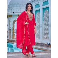 Navlik Women's Mahendi Chanderi Embroidered Straight Kurta with Chanderi Pant and Chanderi Printed Dupatta Sets (NK-SRS-103) (Size: Small, Color: Rani)