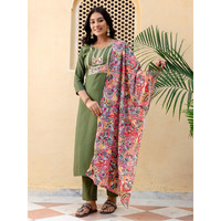 Navlik Women's Mahendi Chanderi Embroidered Straight Kurta with Chanderi Pant and French Crepe Printed Dupatta Sets (NK-SRS-107) (Size: XX-Large, Color: Mahendi)