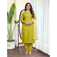Navlik Women's Lemon Yellow Slub Magic Embroidered Straight Kurta with Slub Magic Pant and Nazneen Dyed Dupatta Sets (NK-SRS-109) (Size: X-Large, Color: Lemon Yellow)