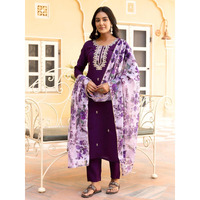 Navlik Women's Wine Chanderi Embroidered Straight Kurta with Chanderi Pant and Taby Printed Dupatta Sets (NK-SRS-111) (Size: X-Large, Color: Wine)