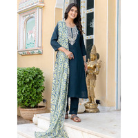 Navlik Women's Lemon Yellow Slub Magic Embroidered Straight Kurta with Slub Magic Pant and Chanderi Printed Dupatta Sets (NK-SRS-112) (Size: Medium, Color: Petrol)
