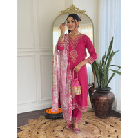 Navlik Women's Viscose Rayon Embroidered Straight Kurta with Pant and Dupatta Sets (SRS-117) (Size: XXX-Large, Color: Rani)