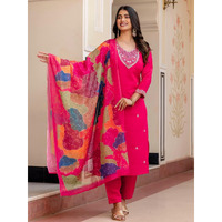Navlik Women's Red Chanderi Viscose Embroidered Straight Kurta with Chanderi Viscose Pant and Linen Printed Dupatta Sets (NK-S-Siya) (Size: Medium, Color: Red)