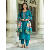Navlik Women's Chanderi Viscose Embroidered Straight Kurta with Pant and Dupatta Sets (S-Sofia) (Size: XX-Large, Color: Rama)