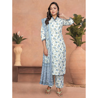 Navlik Women's Cotton Printed Straight Kurta with Pant and Dupatta Sets (STYL-Sangini) (Size: Large, Color: Teal)
