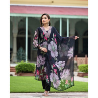 Navlik Women's White Georgette Embroidered and Printed Straight Kurta with Rayon Pant and Georgette Printed Dupatta Sets (NK-STYL-Sonika) (Size: Medium, Color: Black)