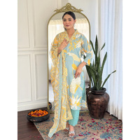 Navlik Women's Muslin Printed A-Line Kurta Pant and Dupatta Sets (V-Aliya) (Size: Large, Color: Rama)