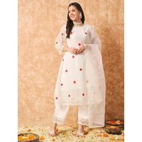 Navlik Women's Offwhite Georgette With Cotton Lining Embroidered A-line Kurta with Rayon Pant and Organza Laced Dupatta Sets