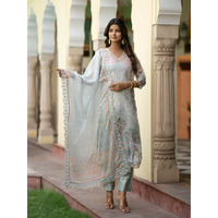Navlik Women's Organza Embroidered Straight Kurta with Pant and Dupatta Sets (NK2-453)